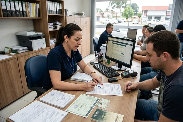 Despachante auxiliando na transferência de veículo.